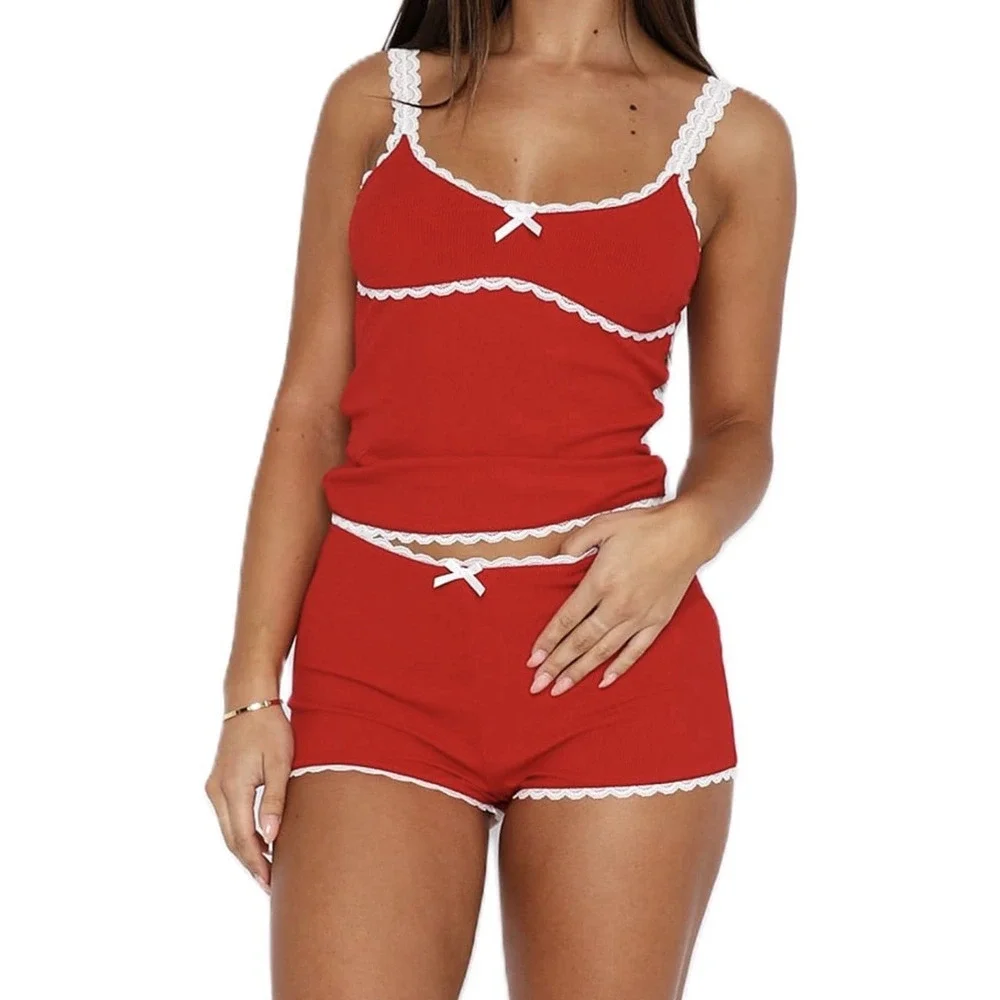 Women Y2K Red Lace Trim Cami Top Shorts 2 Piece Pajama Lounge Set Sleepwear Med